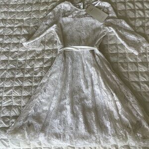 Us Angels White  A-line Bell Sleeve Mock Lace Neck Dress